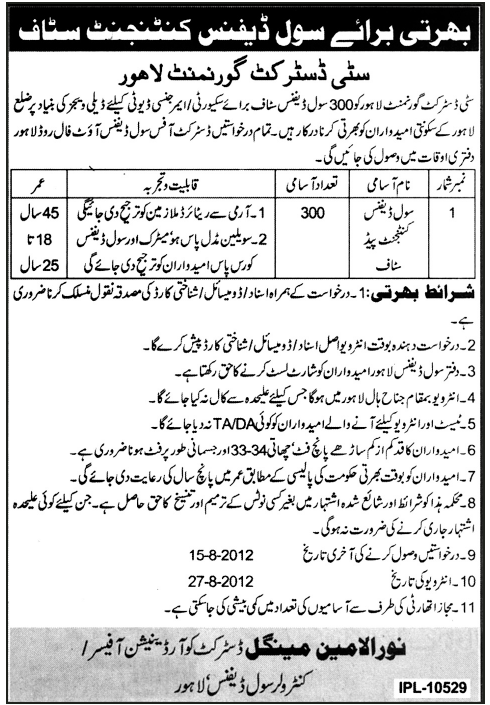 Civil Defense Contingent Staff Required by City District Government Lahore (Government Job)