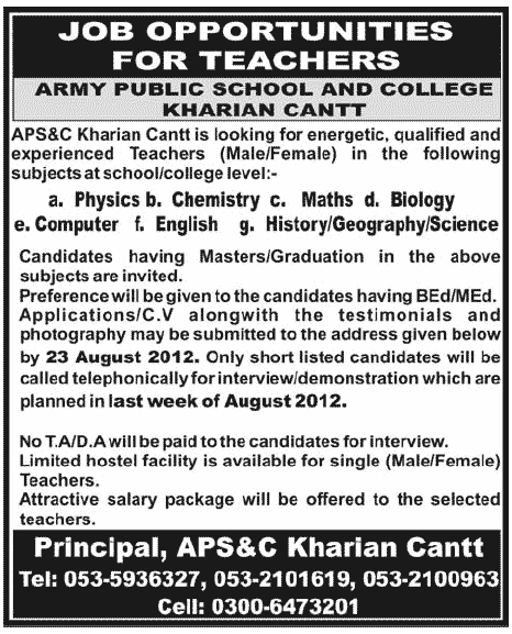 Teaching Staff Required for Army Public School & College Kharian Cantt.