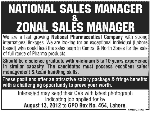 A Pharmaceutical Company Requires National and Zonal Sales Manager