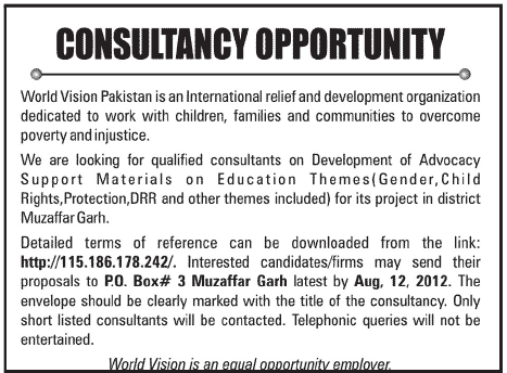 Consultant Required by an International Relief and Development Organization