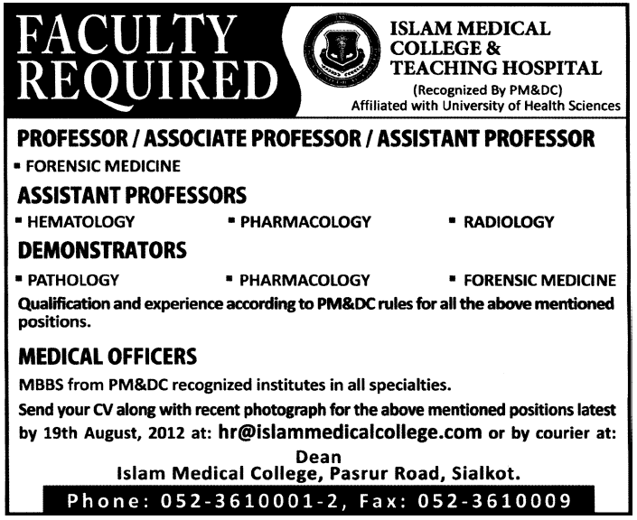 Medical Teaching Faculty Required by Islam Medical College & Teaching Hospital