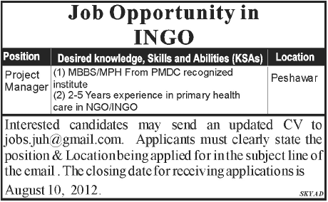Health Project Manager Required by an NGO (NGO job)
