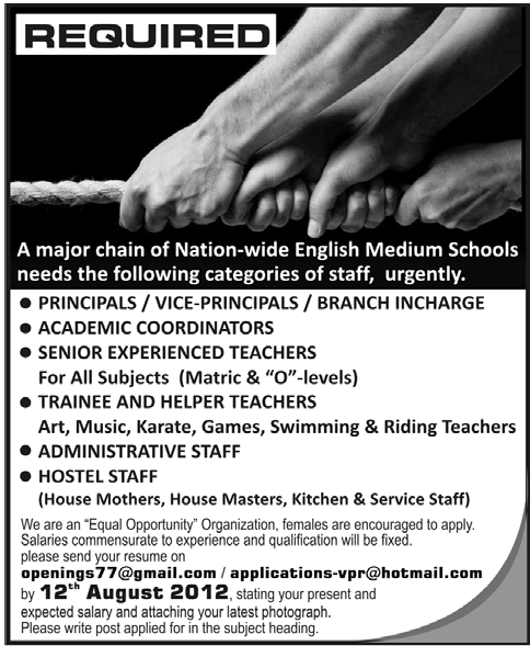 Teaching and Non-Teaching Staff Required for Nation Wide English Medium Schools