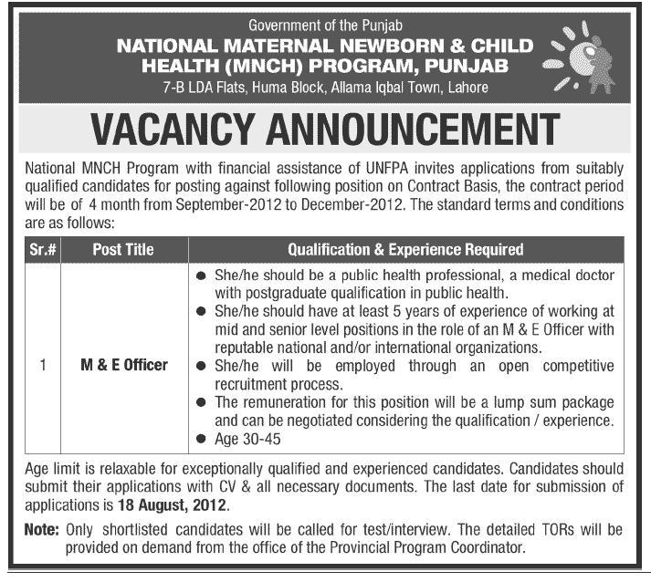 M & E Officer Required Under National MNCH Program (UN Job)