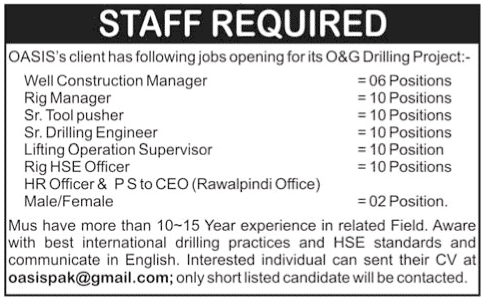 Management and Technical Staff Required for Oil and Gas Drilling Project (Oil and Gas Sector Job)