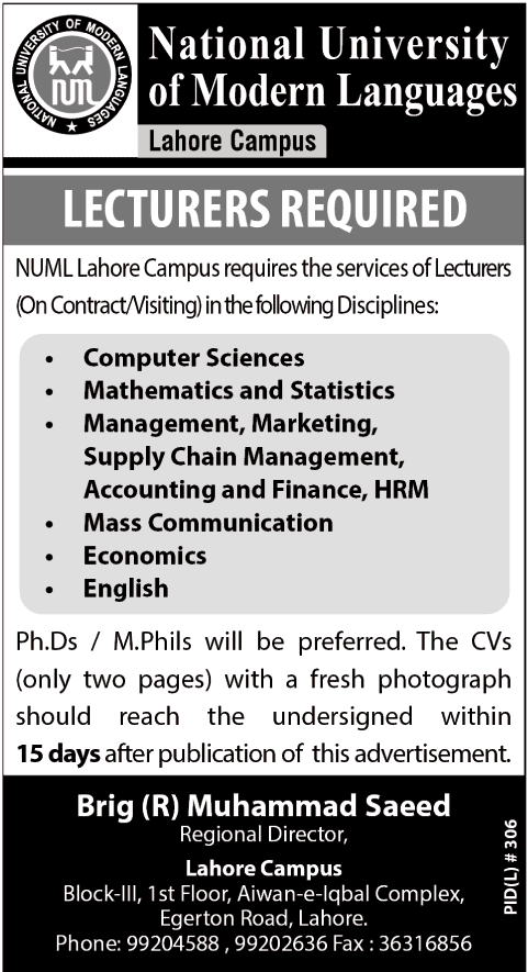 NUML Lahore Campus Requires Teaching Faculty