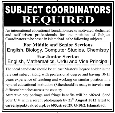 Subject Coordinators Required by an International Educational Foundation