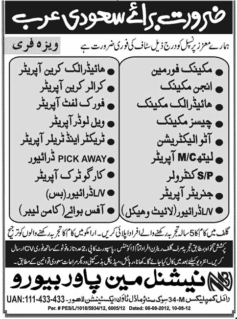 Operators and Mechanical Staff Required for Saudi Arabia