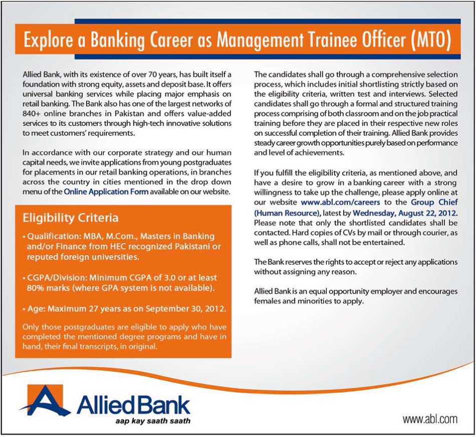 Allied Bank Requires Management Trainee Officers (MTO) (Bank Job)
