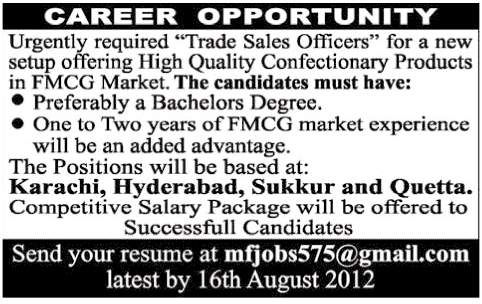 FMCG Trade Sales Officers Required