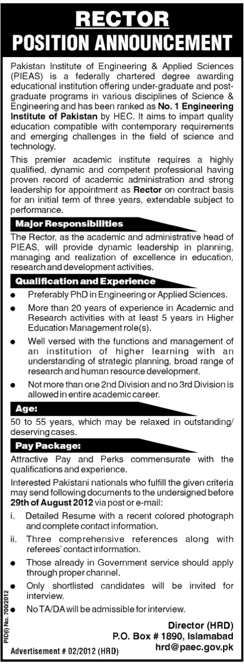 PIEAS Pakistan Institute of Engineering & Applied Sciences Requires RECTOR on Contract Basis