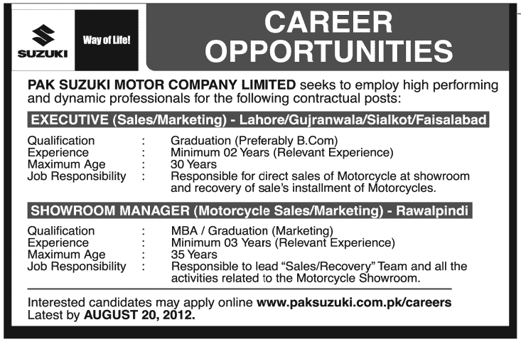 Pak Suzuki Motor Company Requires Management Staff