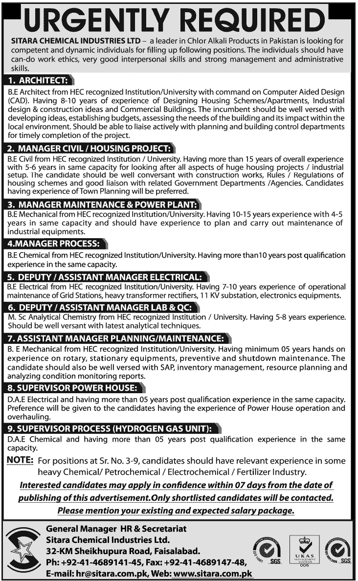 Sitara Chemical Industries Limited Requires Engineering Management and Supervision Staff