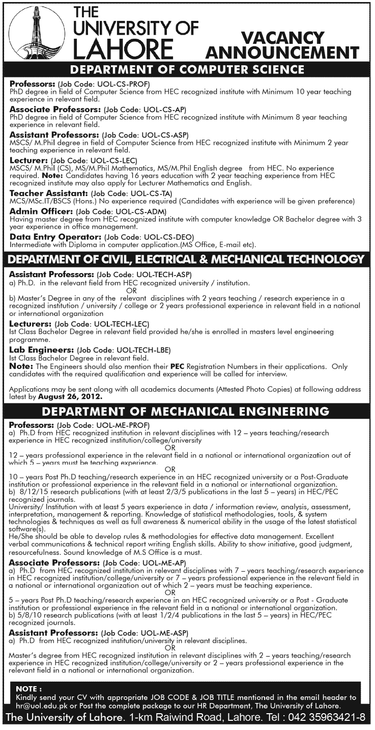 The University of Lahore Requires Teaching Faculty