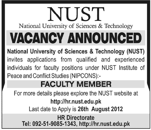 Faculty Members Required by NUST Under NUST Institute of Peace and Conflict Studies (NIPCONS)