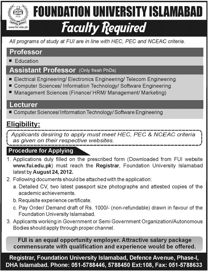 Foundation University Islamabad Requires Teaching Staff