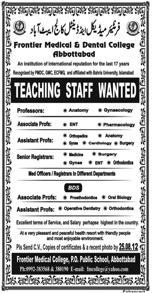 Frontier Medical & Dental College Requires Teaching Faculty