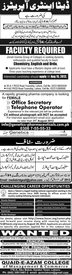 Misc. Jobs in Lahore Jang Classified 2