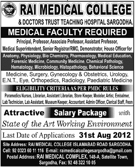 Medical Teaching Faculty Required at Rai Medical College
