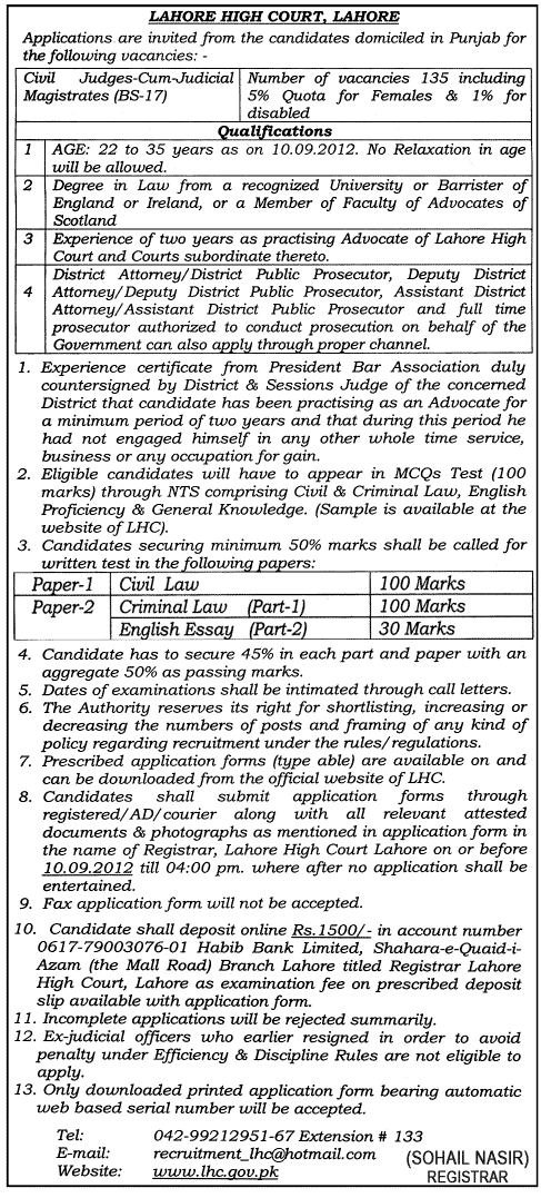 Civil Judges-cum-Judicial Magistrates Required at Lahore High Court (Government Job)