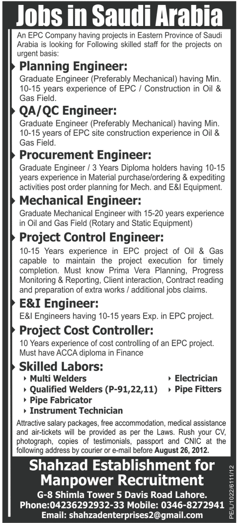 Engineering Staff and Skilled Labour Required for Saudi Arabia