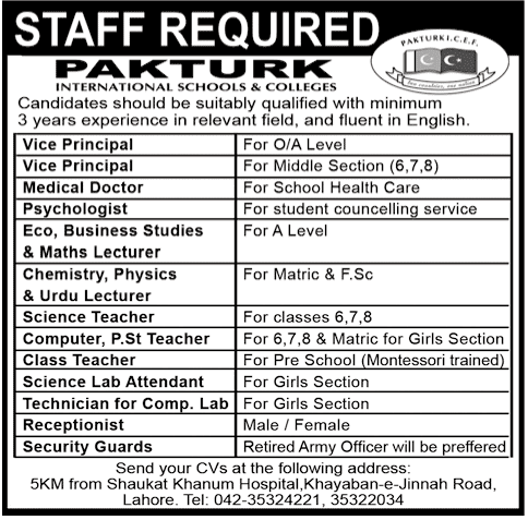Teaching and Non-Teaching Staff Required by PakTurk International Scools & Colleges