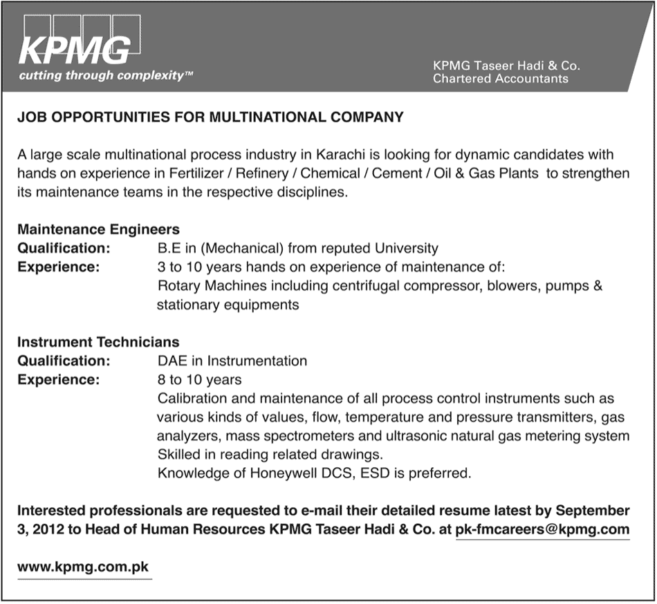 KPMG a Multinational Company Requires Maintenance Engineers and Technicians