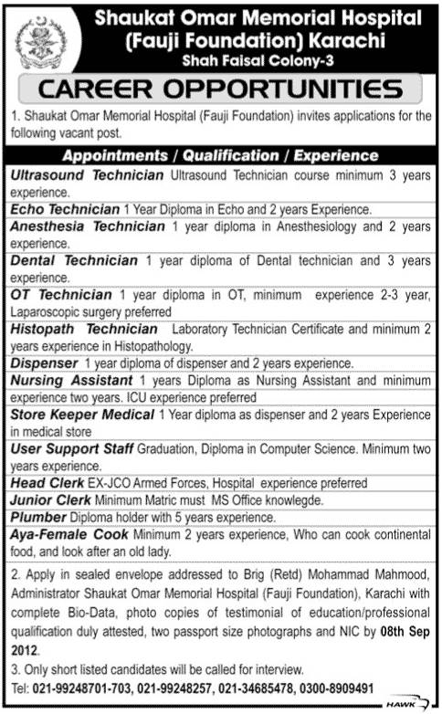 Fauji Foundation (Shaukat Omar Memorial Hospital) Requires Medical Staff