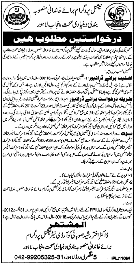 National Program for Family Planning & Basic Health Punjab Lahore Jobs (Governmnent Job)