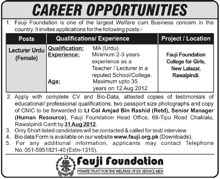Lecturer in Urdu Required by Fauji Foundation