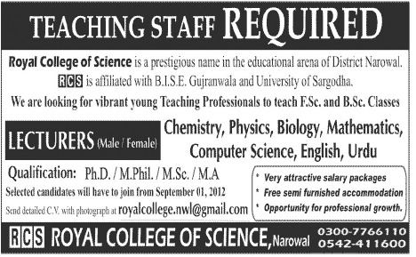 Teaching Staff Required for Royal College of Science