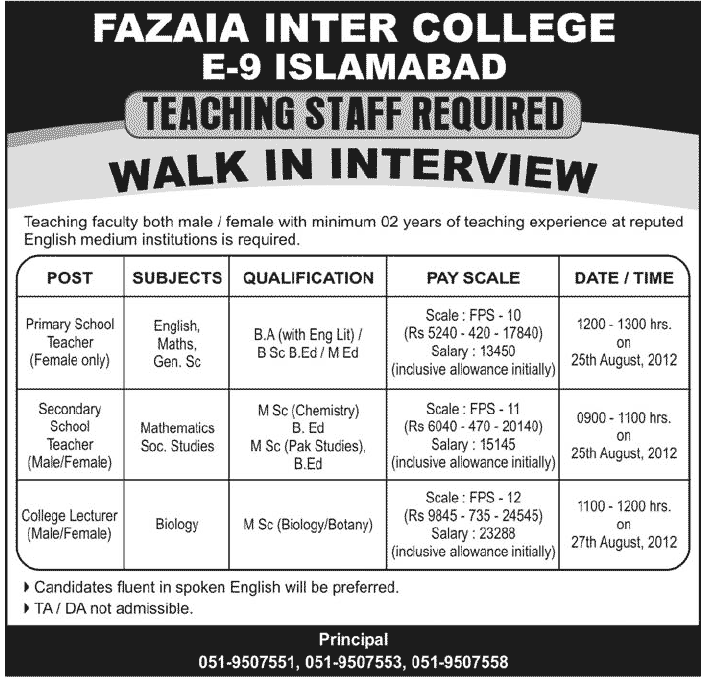 FAZIA Inter College Requires Teaching Staff