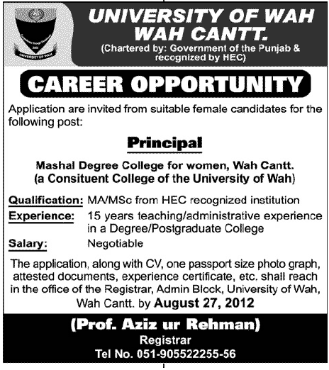 Female Principal Required at Mashal Degree College for Women (University of Wah)