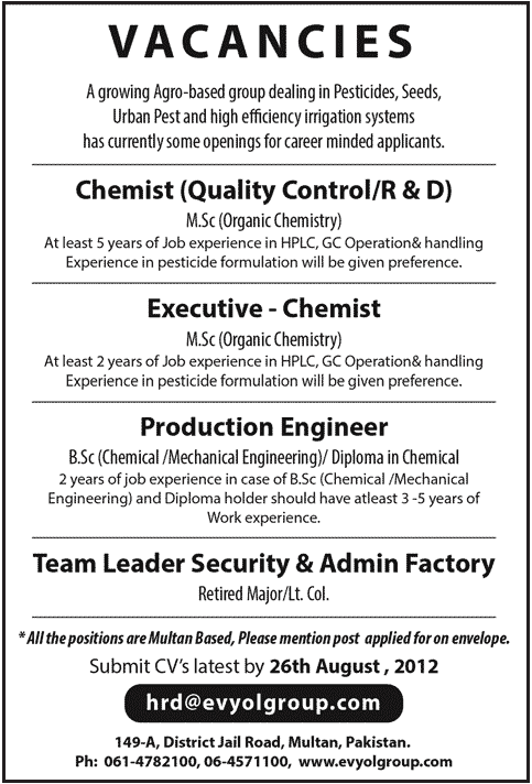An Agro-based Group Requires Chemical and Engineering Staff