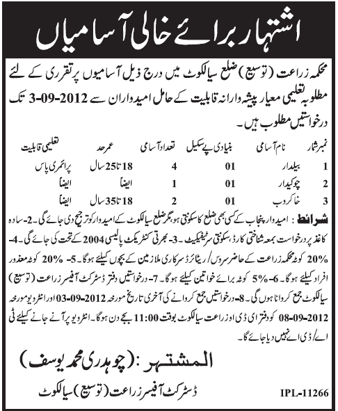 Agriculture Department District Sialkot Jobs (Government Job)