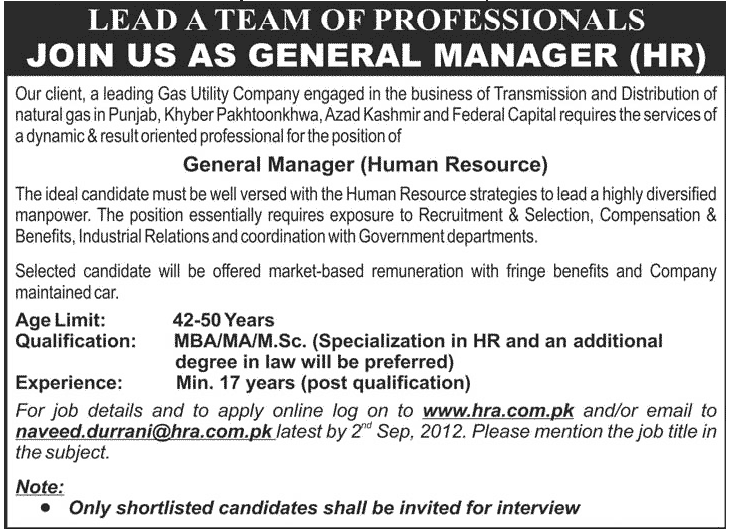 A Gas Utility Company Requires General Manager HR