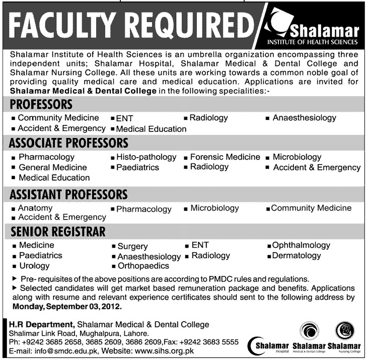 Shalamar Institute of Health Sciences Requires Medical Teaching Staff