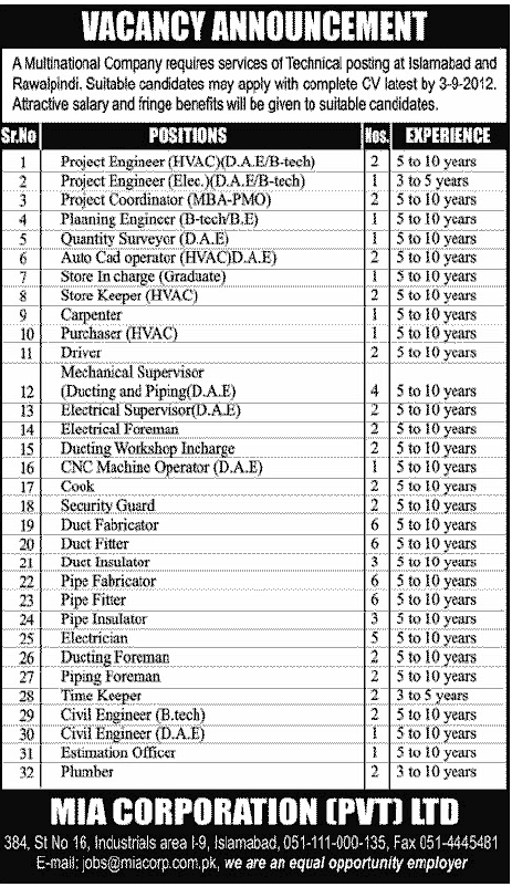 A Multinational Company Requires Engineering and Technical Staff