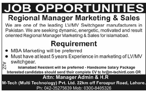 Regional Manager Marketing & Sales Required