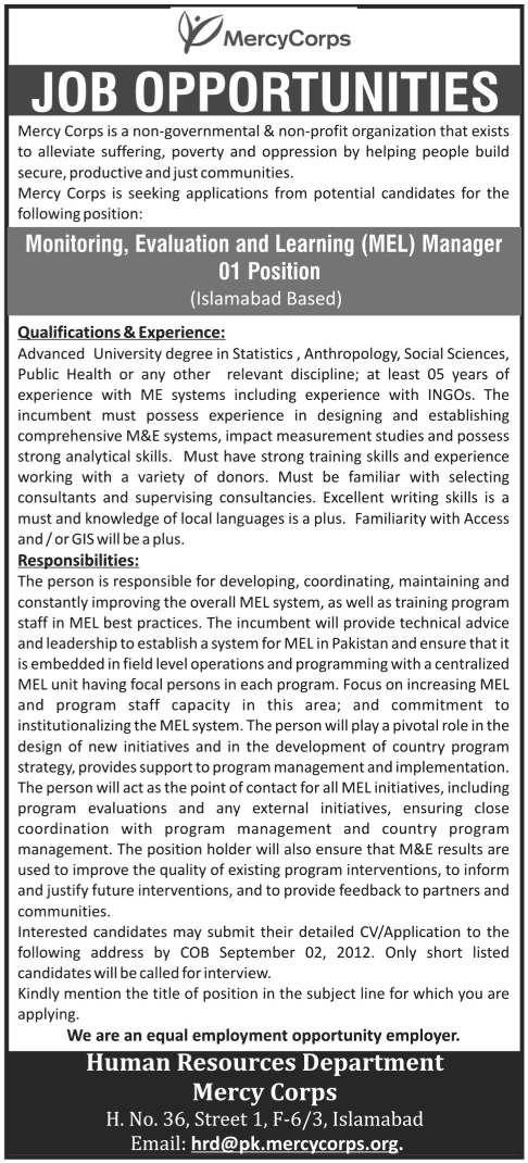 An NGO Requires Monitoring, Evaluation and Learning (MEL) Manager (NGO Job)