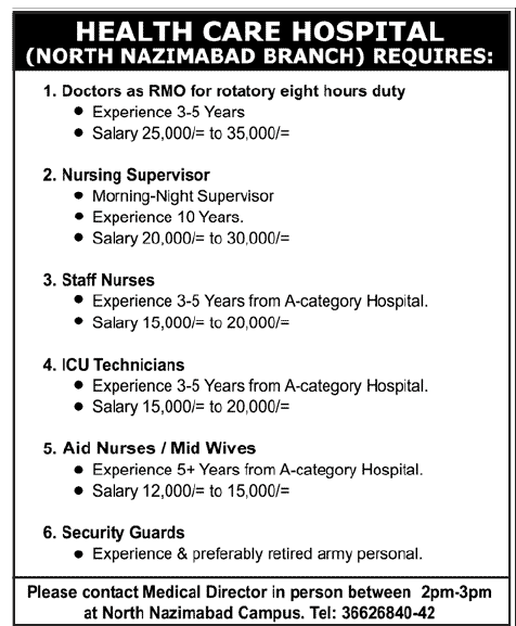 Health Care Hospital Requires Medical Staff