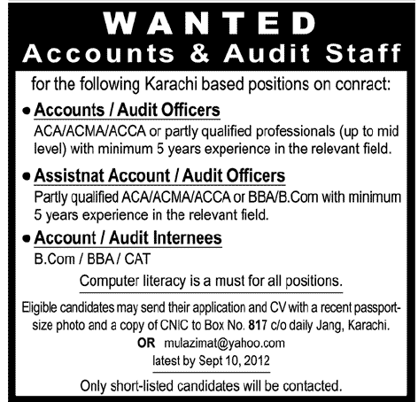 Accounts and Audit Staff Required
