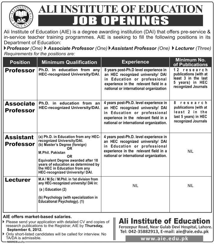 Ali Institute fo Education (AIE) Requires Teaching Faculty
