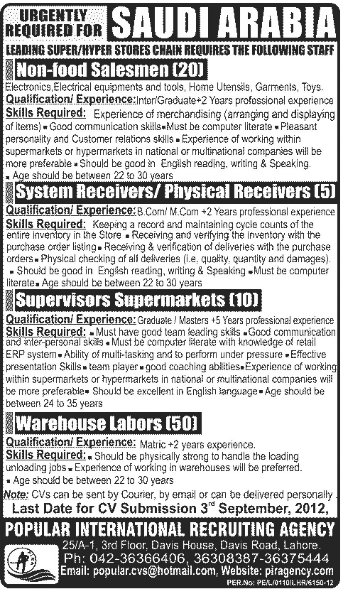 Supermarket Sales Staff Required for Saudi Arabia