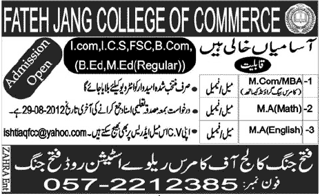 Teaching Staff Required at Fateh Jang College of Commerce