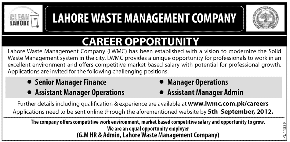 LWMC Lahore Waste Management Company Requires Management Officers