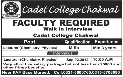 Cadet College Chakwal Requires Teaching Faculty