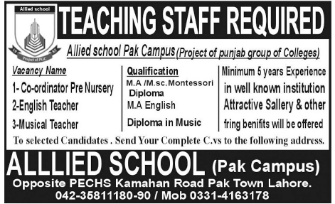 Teaching Staff Required at Allied School Pak Campus