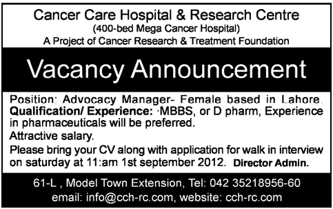 Cancer Care Hospital & Research Centre Requires Advocacy Manager