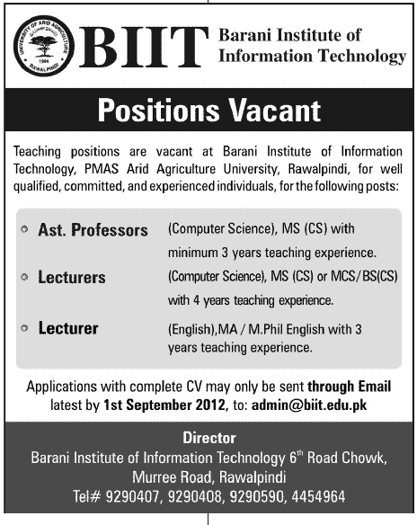 BIIT Barani Institute of Information Technology Requires Teaching Faculty